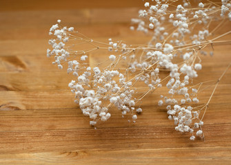 Small white flowers on a wooden textured surface. flower gypsophila. view from the top