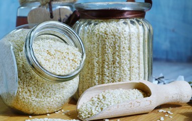 sesame seeds in a jar - sesame shelled
