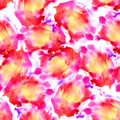 Seamless abstract watercolor splash pattern. Aquarelle magenta and purple shades, on white background. Abstract texture. Textile print. Wallpaper.