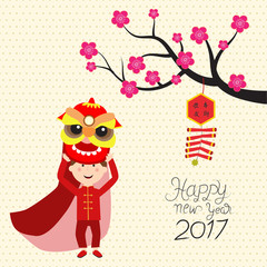Happy Chinese New Year 2017 with kids in chinese costume with li