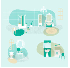 Bathroom interior vector set.