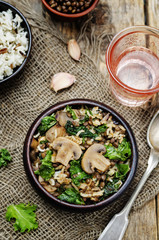 Kale green lentils mushrooms fried white and wild rice