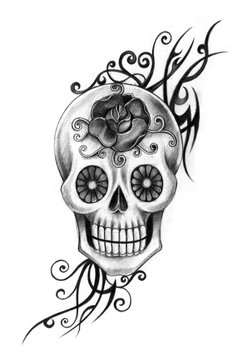 Art skull tattoo.Art design skull head mix graphic tribal tattoo hand pencil drawing on paper.