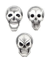 Art skull three emotion.Art design skull head three emotion hand pencil drawing on paper.