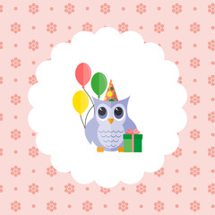 Owl in a cap with balloons and a gift.