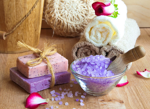 Spa products with soaps and sea salt
