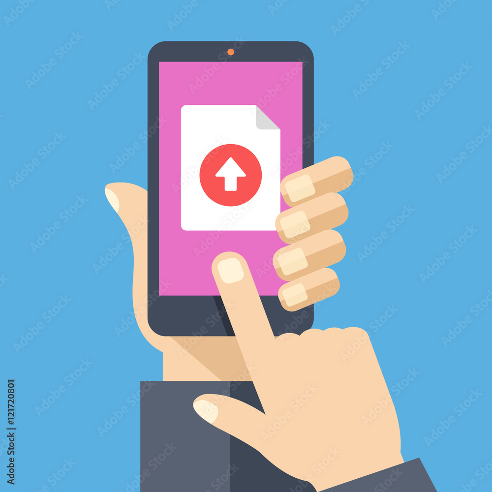 Poster file upload button on smartphone screen. hand holding smartphone, finger touching button. uploading 