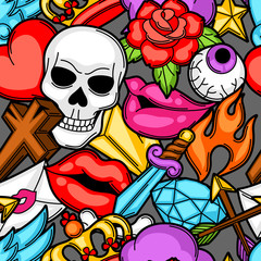 Seamless pattern with retro tattoo symbols. Cartoon old school illustration