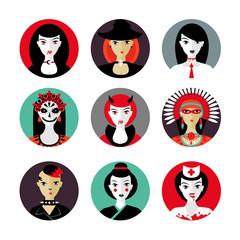 Halloween woman cosplay. Female avatar set. Flat style characters.