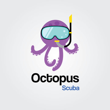 Octopus Scuba Logo Template. Octopus wearing scuba diving mask in flat design for Diving and Snorkeling equipment shop, diving School.