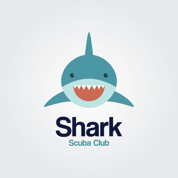 Shark logo template. A cute shark front face in flat design for Diving and Snorkeling equipment shop, diving School or scuba club.