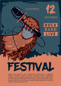 Music poster template for rock concert. Pav is holding microphone.