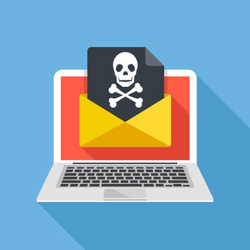 Laptop And Envelope With Black Document And Skull Icon. Virus, Malware, Email Fraud, E-mail Spam, Phishing Scam, Hacker Attack Concept. Trendy Flat Design Graphic With Long Shadow. Vector Illustration