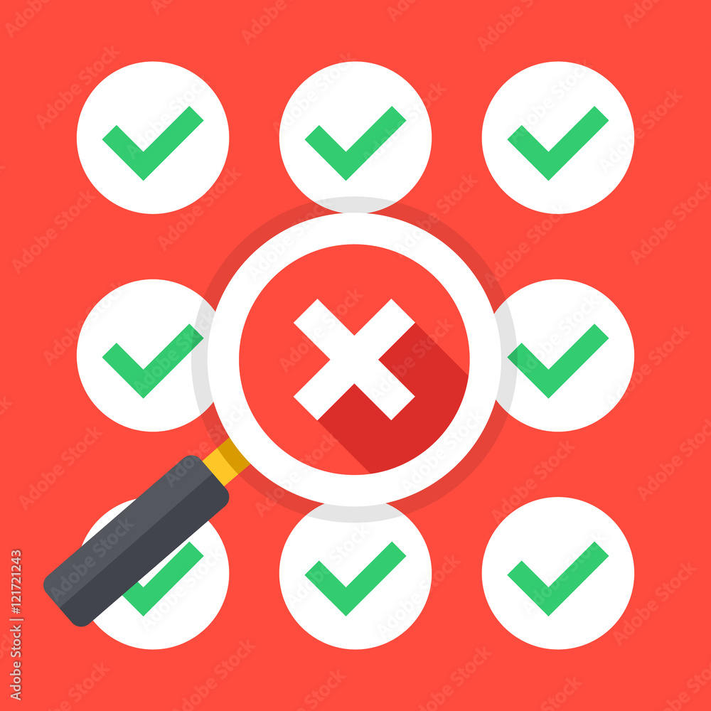 Poster many green ticks round check mark icons set and magnifying glass with big cross icon. make bad choic