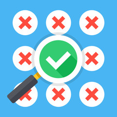 Many red crosses round check mark icons set and magnifying glass with tick icon. Make right choice, good decision, best solution concepts. Trendy long shadow flat design. Vector illustration