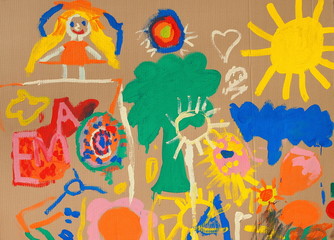 Crazy colorful painting - cardboard with little childrens graffiti