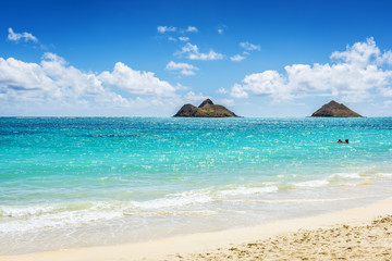 Mokulua Islands as seen from Lanikai Beach in Oahu, Hawaii