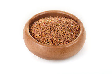 Buckwheat in a wooden bowl. for healthy cooking ingredient
