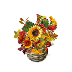 Bouquet of flowers, berries and leaves in a wicker vase on white insulation background   © glaz2