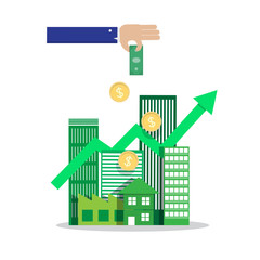 businessman hand drop money for investment in group of building