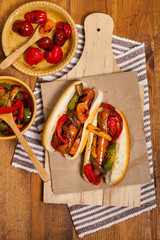 Fajita Style Hot Dogs with Roasted Veggies Dinner. Selective focus.