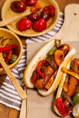 Fajita Style Hot Dogs with Roasted Veggies Dinner. Selective focus.