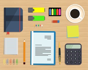Top view of a desk background. There is a calculator, blue folder, stationery, documents and cup of coffee on a wooden background. Flat design vector illustration