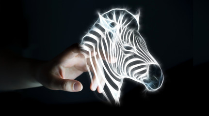 Person touching fractal endangered zebra illustration 3D renderi