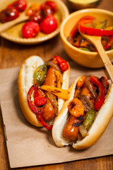 Fajita Style Hot Dogs with Roasted Veggies Dinner. Selective focus.