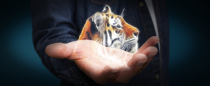 Person holding fractal endangered tinger illustration 3D renderi