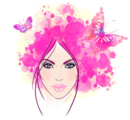 Beautiful girl's face with butterflies in her hair. Watercolor i