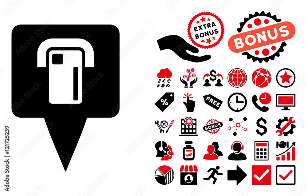 Poster atm terminal map pointer pictograph with bonus design elements. vector illustration style is flat ic