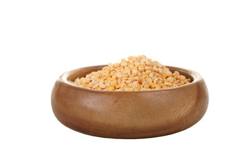 Dried beans peas in a wooden bowl on a white background. ingredient for a healthy lifestyle and diet.