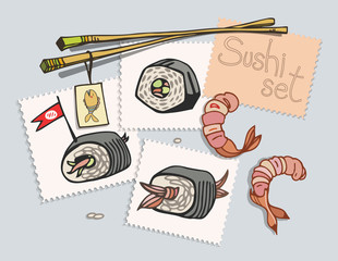 Sushi set painted on stickers. View from above on the table. Vector illustration.