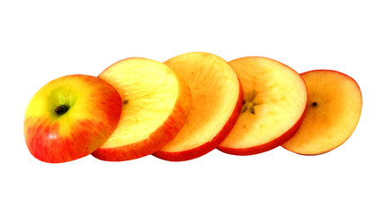 slide red apple to step slice white isolate background