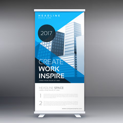 blue roll up banner with geometric shapes