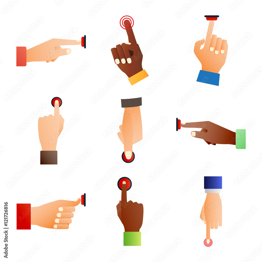 Poster hand press red button finger press icon on white background. finger control start up hands push red 