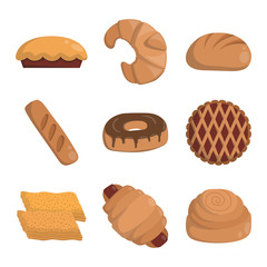 Vector illustration of bakery product food collection. Breakfast wheat meal chocolate dessert bakery products. Fresh grain product bun roll bakery products grocery health diet snack gourmet cereal.