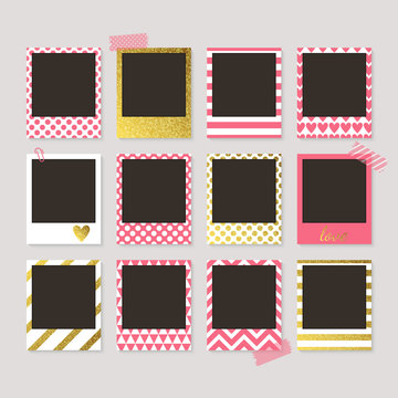 Realistic vector retro photo frames with gold, pink and white pa