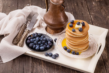  Pancakes on Rustic Wooden Board