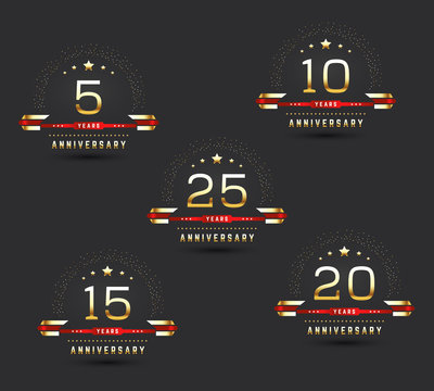 Anniversary logo set. 5th, 10th, 15th, 20th, 25th anniversary logotypes with golden elements. Vector illustration.