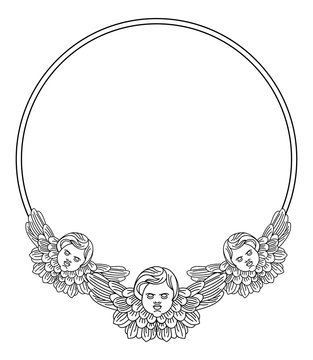 recommend clip art: Round frame with cherub in vintage style. Vector custom element for design artworks.