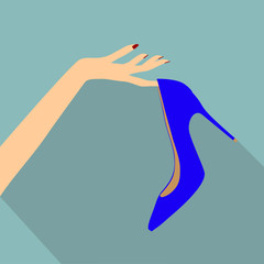 woman hand holding shoe. vector illustration