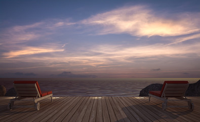 daybed on wooden terrace at twilight sea view ,3D rendering image