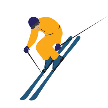 Skier in bright ski suit silhouette of a man on skis isolated on white background flat style vector
