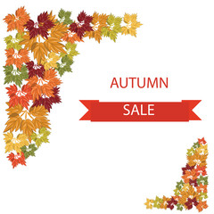 Autumn sale banner with bright colorful leaves raindrops isolated white background vector elements for design