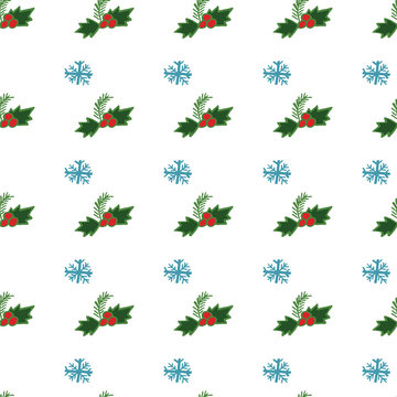 Christmas pattern red berries green leaves snowflakes handmade white background vector