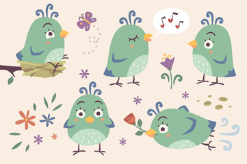 vector cartoon birds set