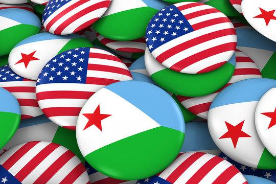 USA and Djibouti Badges Background - Pile of American and Djiboutian Flag Buttons 3D Illustration