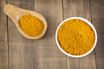 Turmeric powder on wooden table